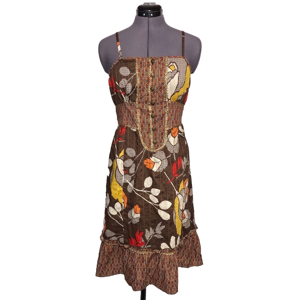 Vtg Y2K Boho Dress Floral Sundress Brown Cotton Ruffle Hem Festival Kenzie M
